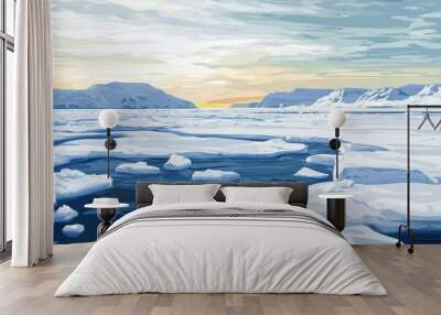 A scenic view of a frozen arctic landscape with broken ice floating on blue water and mountains in the background under a cloudy sky. Wall mural