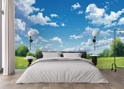 A vast, green meadow stretches out under a bright blue sky dotted with fluffy white clouds. Trees line the horizon, creating a peaceful and idyllic scene. Wall mural