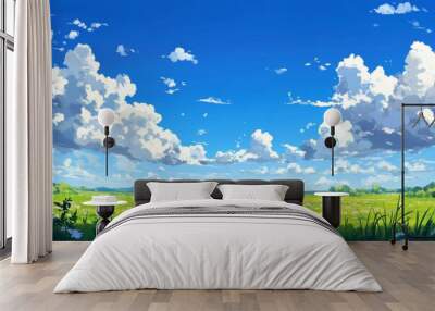 A vast green field with white wildflowers stretches out under a bright blue sky with fluffy white clouds. Wall mural