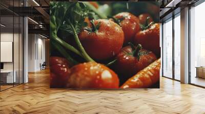 Close-up of fresh, ripe tomatoes and carrots being washed in a sink. Wall mural