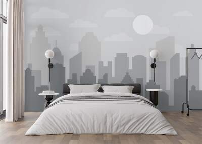 Abstract city building skyline with road and grass. Buildings silhouette. Urban Landscape. Cityscape background in flat style. Modern city landscape. Wall mural