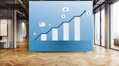 business graph with arrow. growing graph with financial symbols on blue background. Wall mural