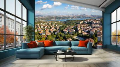 High angle aerial view of houses in Etiler region of Besiktas district and Bosphorus on the background, Istanbul, Turkey. Wall mural