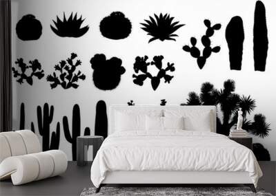 Black silhouettes of cactuses, agave, joshua tree, and prickly pear. Vector illustration Wall mural