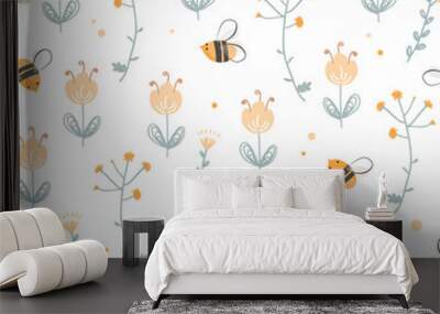 Vector seamless pattern with cute bee and doodle flowers. Vintage hand drawing floral texture. Cartoon natural background Wall mural