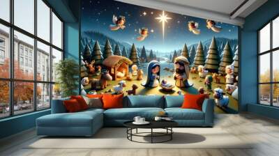  Nativity scene unfolds under a starry night. Angels hover, while Mary and Joseph adore baby Jesus. Surrounding them are shepherds, animals, and trees, all illuminated by the guiding star. Wall mural