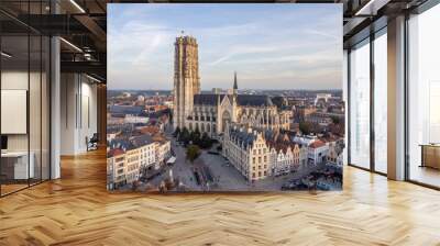 Aerial drone shot of Mechelen Saint Rumbold's Cathedral Sint Rombouts toren in a lovely morning light while birds are flying around Wall mural