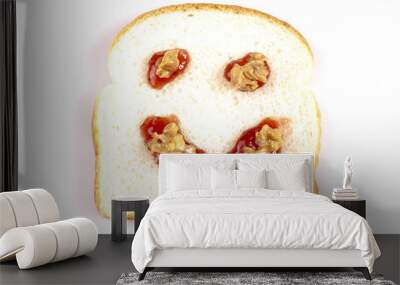 happy face peanut butter and jelly on white bread on a white bac Wall mural