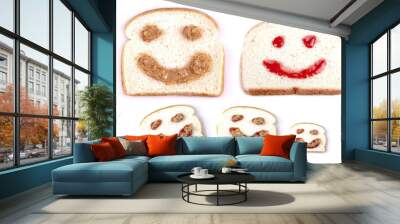 happy face peanut butter and jelly on white bread on a white bac Wall mural