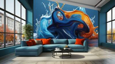 Dynamic abstract splash of liquid in vivid blue and rich orange, swirling together to create a captivating and high-energy composition with sharp, suspended droplets. Wall mural