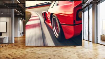 Bright red racing car on race track, motorsport sports background, fast speed motion blur, rear view Wall mural