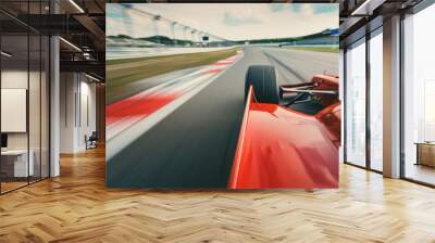 Bright red racing car on race track, motorsport sports background, fast speed motion blur, rear view Wall mural