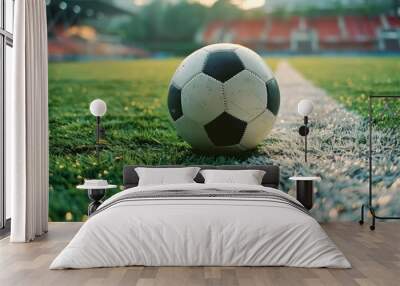 Classic white soccer ball on fooball pitch in stadium, sports background panorama Wall mural