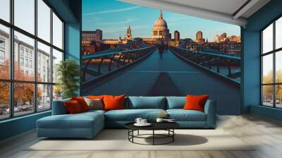 Millennium Bridge St Paul's Cathedral on modern London city skyline blue sky Wall mural