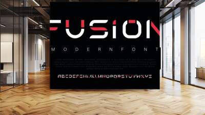 Fusion modern techno sci fi display font, abstract geometric stencil expanded alphabet, clean monospaced letter set rave typeface Wall mural