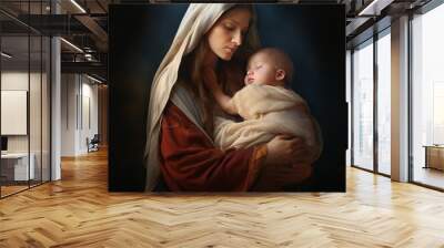 Holy Mary holding baby Jesus Christ in her arms. Wall mural