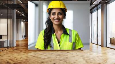 Indian female construction manager in a hard hat and safety vest, smiling professionally at a building site with a white interior Wall mural