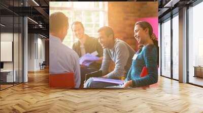 Smiling woman enjoying group therapy session Wall mural