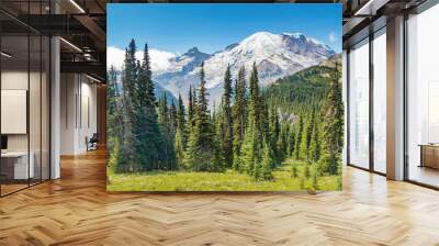 Mountain Rainier mountain and evergreen forest during summer in Washington State, USA. Wall mural