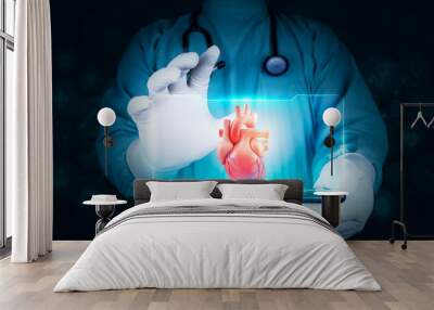 The doctor analyzes the human heart through a hologram projected from his tablet. Concept of modern technology in cardiology. Wall mural