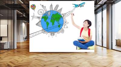 happy young woman drawing a travel trip planning Wall mural