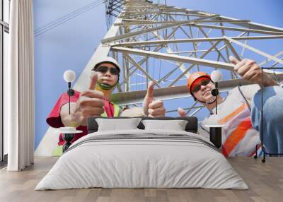 two power line workers with thumbs up Wall mural