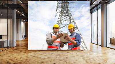 two workers standing before electrical power tower Wall mural