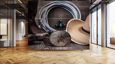 Rustic country design with a western feel and a blank belt buckle. Wall mural