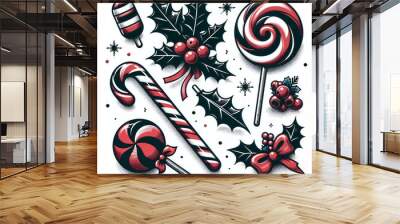 traditional Christmas candies and decorations: a candy cane, peppermint candy, lollipop, holly leaves with berries in black and red on white background Wall mural