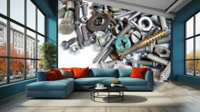 A lot of screws and nuts on a white background Wall mural