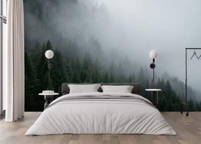 Mysterious photography of cloudy trees in the swiss alps Wall mural