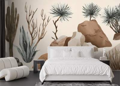 desert collection dry plants and rocks set isolated on background Wall mural