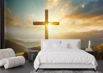 easter religion jesus christ cross easter resurrection concept christian cross tomb empty with shroud and crucifixion at sunrise resurrection of jesus christ Wall mural