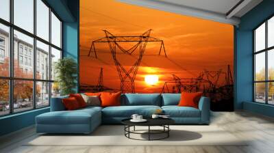 high voltage electric pole during sunset Wall mural