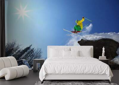 Cool skier jumping against blue sky from the rock Wall mural