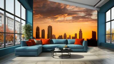 Dubai city with skyscrapers against sunset  United Arab Emirates Wall mural