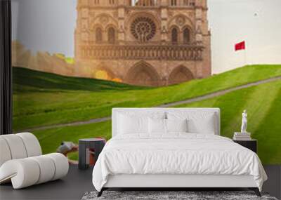 Olympic golf in Paris 2024( man playing golf against cathedral Notre-Dame de Paris in France) Wall mural