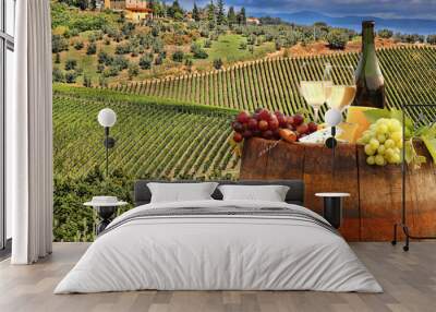 White wine with barrel on vineyard in Chianti, Tuscany, Italy Wall mural