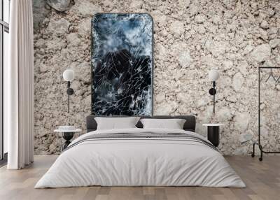 Black broken touch screen phone with cracked screen Wall mural