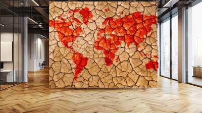 Cracked earth with world map. Global warming, climate change concept. Carbon dioxide emission concept Wall mural