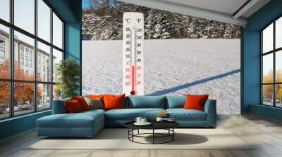 White celsius and fahrenheit scale thermometer in snow. Ambient temperature minus 2 degrees celsius Wall mural