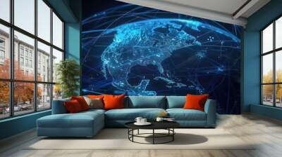 A digital globe with light effects and network connections, emphasizing the role of technology in global communication and energy distribution across the planet. Wall mural