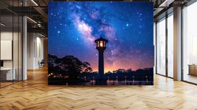 A thin, bright white line of stars streaks across the dark night sky, creating a stunning celestial scar in the serene evening. Wall mural