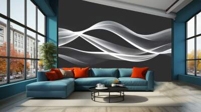 A white wave line design element isolated on a black background, presenting abstract, simple wavy lines for a clean and striking visual effect Wall mural