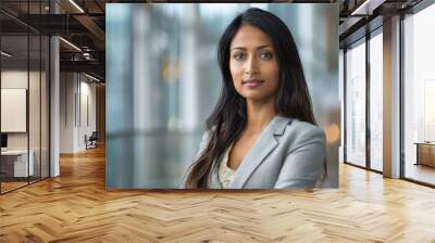 An Asian Indian woman confidently poses for a portrait, showcasing her strong presence and professionalism, embodying success and leadership in her business role. Wall mural