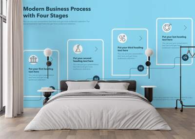 Business process template with four stages - blue version. Easy to use for your website or presentation. Wall mural