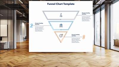 Funnel chart template with three colorful sections. Creative diagram divided into three steps with minimalistic icons. Wall mural