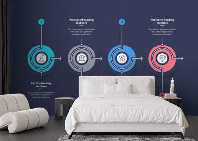 Horizontal process infographic template with four stages - dark version. Flat presentation diagram with thin lines and minimalistic icons. Wall mural