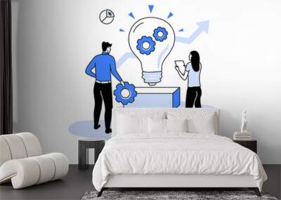 Illustration of an innovation symbol with two people and a light bulb with cogwheels. Easy to use for your website or presentation. Wall mural