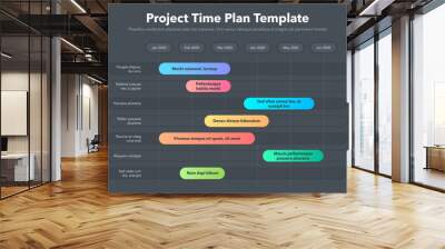 Modern business project time plan template with project tasks in time intervals - dark version. Easy to use for your website or presentation. Wall mural